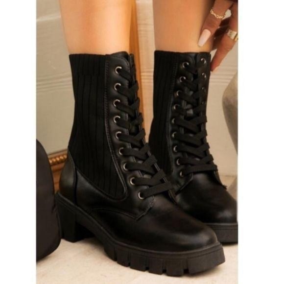 Black Knit Shaft Lace Up Combat Boots - Picture 2 of 4